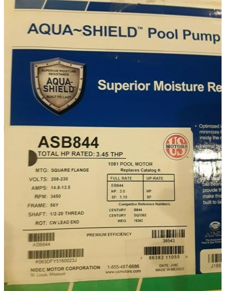 US MOTORS AQUA SHIELD POOL PUMP MOTOR 3 HP SQUARE FLANGE