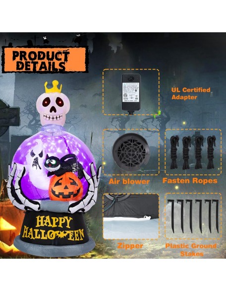 Halloween Inflatable Outdoor Decoration Globe Halloween Inflatables Skeleton Queen Halloween Blow up Skull with Pumpkin Black Cat Ghost LED Light Built-in for Holiday Party Yard Decor 6FT High