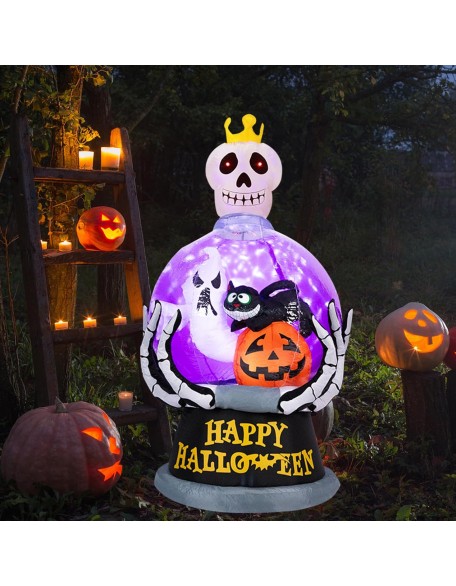 Halloween Inflatable Outdoor Decoration Globe Halloween Inflatables Skeleton Queen Halloween Blow up Skull with Pumpkin Black Cat Ghost LED Light Built-in for Holiday Party Yard Decor 6FT High