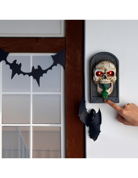 Candieslife Halloween Skull Doorbell Animated Door Bell Decoration with Pop Out Snake Spooky Sounds Light Up Eyeball for Haunted House Halloween Party Prop