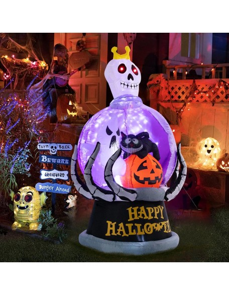 Halloween Inflatable Outdoor Decoration Globe Halloween Inflatables Skeleton Queen Halloween Blow up Skull with Pumpkin Black Cat Ghost LED Light Built-in for Holiday Party Yard Decor 6FT High