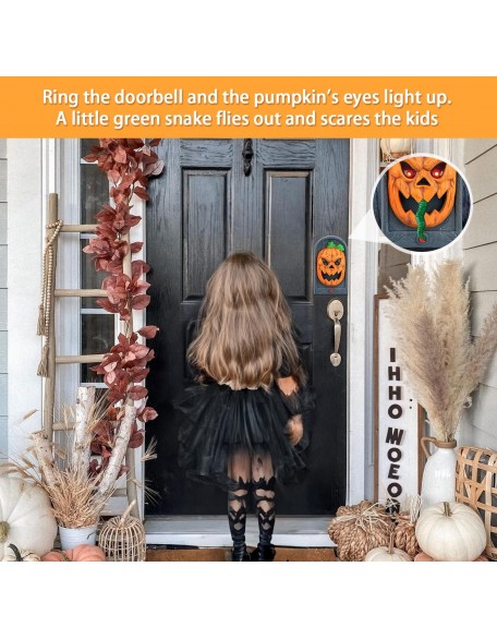 Halloween Pumpkin Jack O' Lantern Doorbell Animated Door Bell Decoration With Pop Out Snake Spooky Sounds Light Up Eyeball for Haunted House Halloween Party Prop