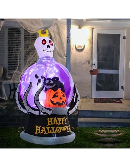 Halloween Inflatable Outdoor Decoration Globe Halloween Inflatables Skeleton Queen Halloween Blow up Skull with Pumpkin Black Cat Ghost LED Light Built-in for Holiday Party Yard Decor 6FT High