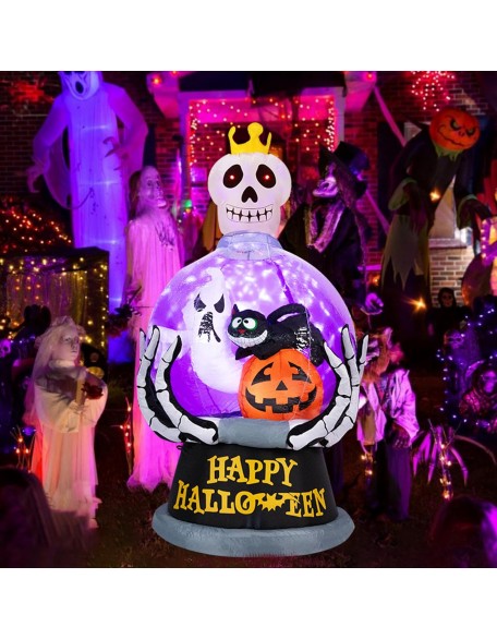 Halloween Inflatable Outdoor Decoration Globe Halloween Inflatables Skeleton Queen Halloween Blow up Skull with Pumpkin Black Cat Ghost LED Light Built-in for Holiday Party Yard Decor 6FT High