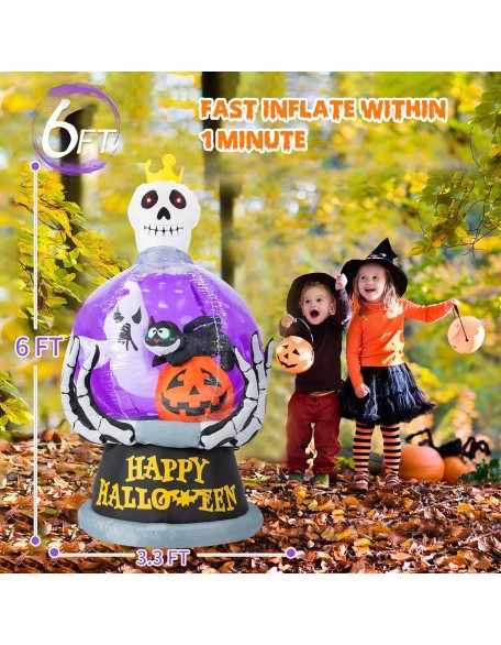 Halloween Inflatable Outdoor Decoration Globe Halloween Inflatables Skeleton Queen Halloween Blow up Skull with Pumpkin Black Cat Ghost LED Light Built-in for Holiday Party Yard Decor 6FT High