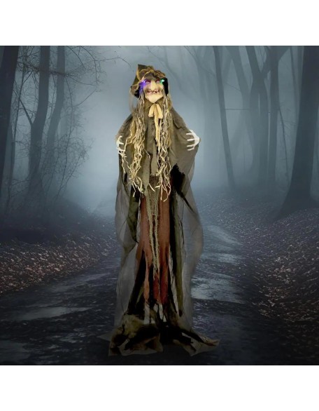 6 ft. Scarecrow Witch, Indoor/Covered Outdoor Halloween Decoration, LED Multi Eyes, Poseable, Battery-Operated, Helena