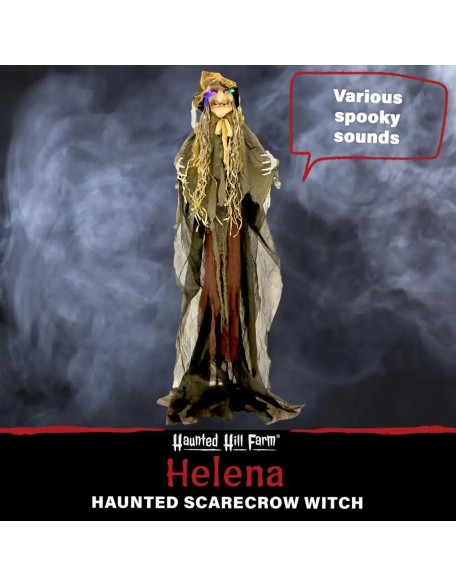 6 ft. Scarecrow Witch, Indoor/Covered Outdoor Halloween Decoration, LED Multi Eyes, Poseable, Battery-Operated, Helena